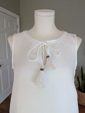 Tommy Bahama Women’s White Linen Blend Mini Dress Tassel Tie Boho Beach Size XS
